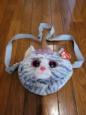 Ty Plush Gray Cat Crossbody Bag with Pink Accents